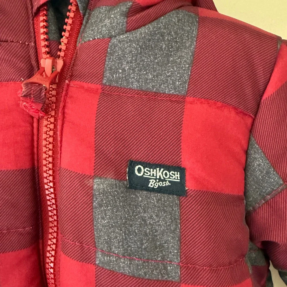 OshKosh Bgosh Baby 3/6M Red Grey Buffalo Plaid Fleece Lined Hooded Pram Bunting